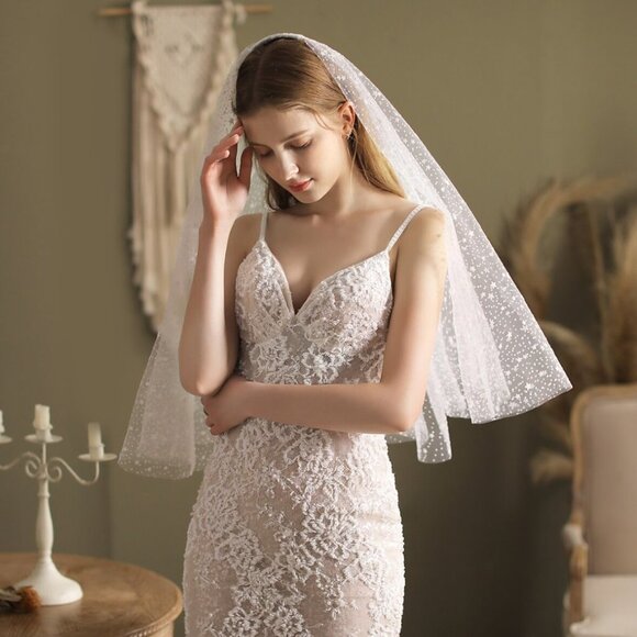 Wedding veil white bridal bride elegant medium elbow length star stars sky new - Picture 2 of 3